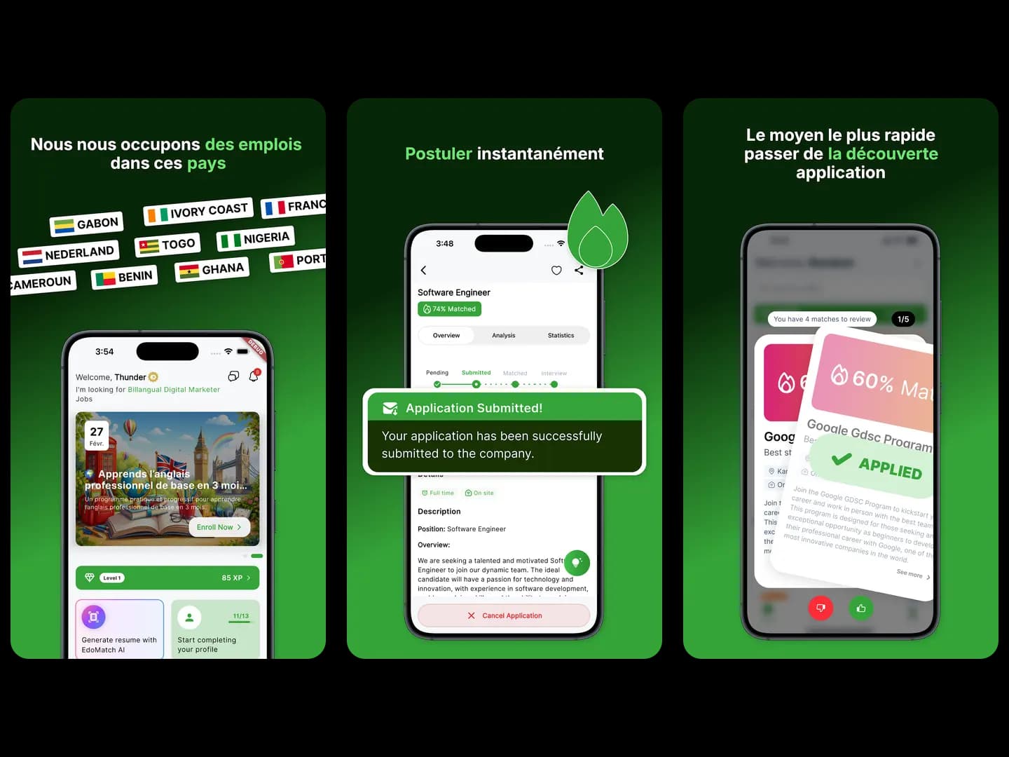 L'écran de matching d'Edomatch : une fiche candidat et son score de compatibilité, prête à être swipée.